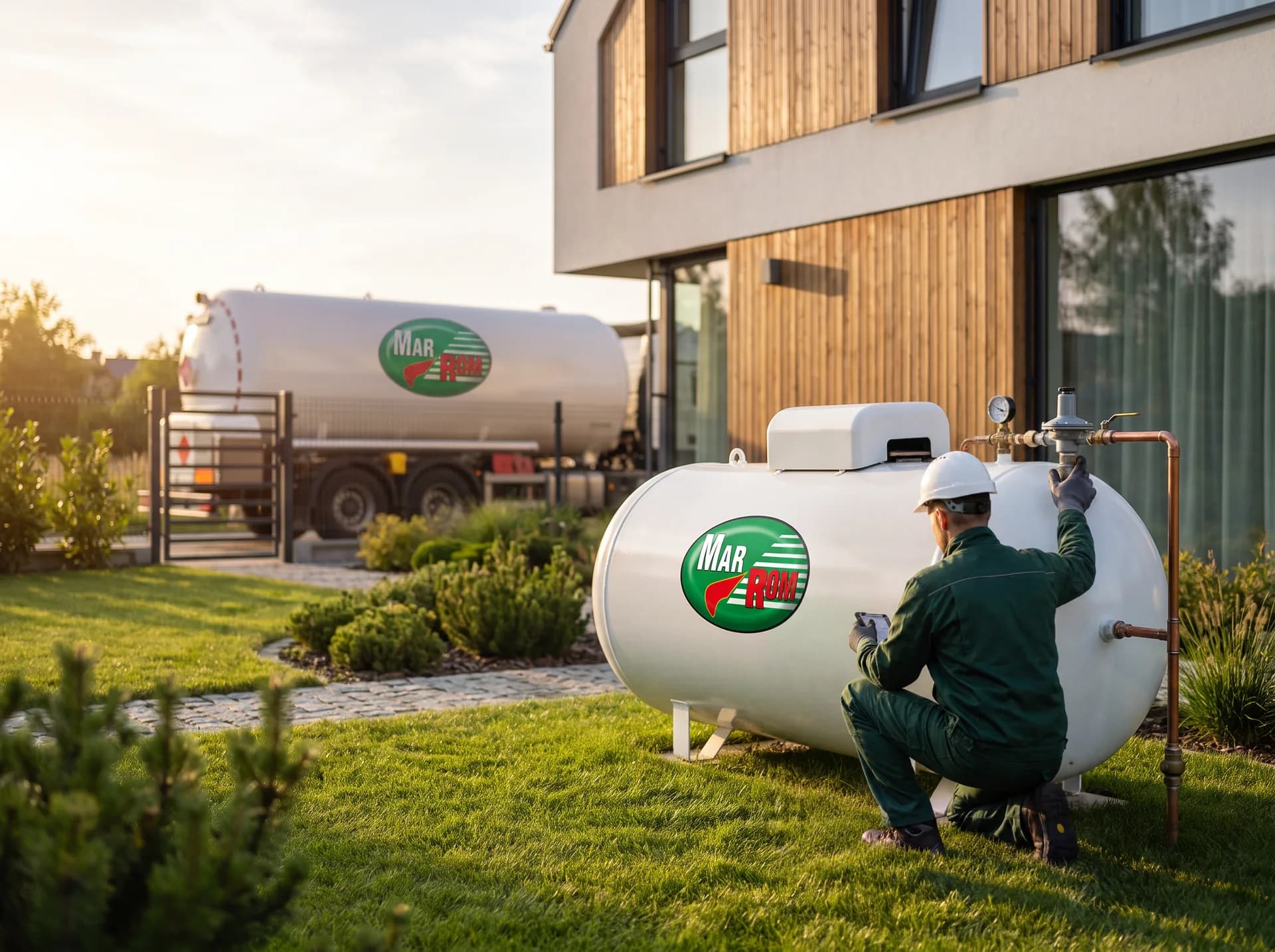 Technik Mar-Rom kontrolujący przydomowy zbiornik LPG; w tle autocysterna Mar-Rom