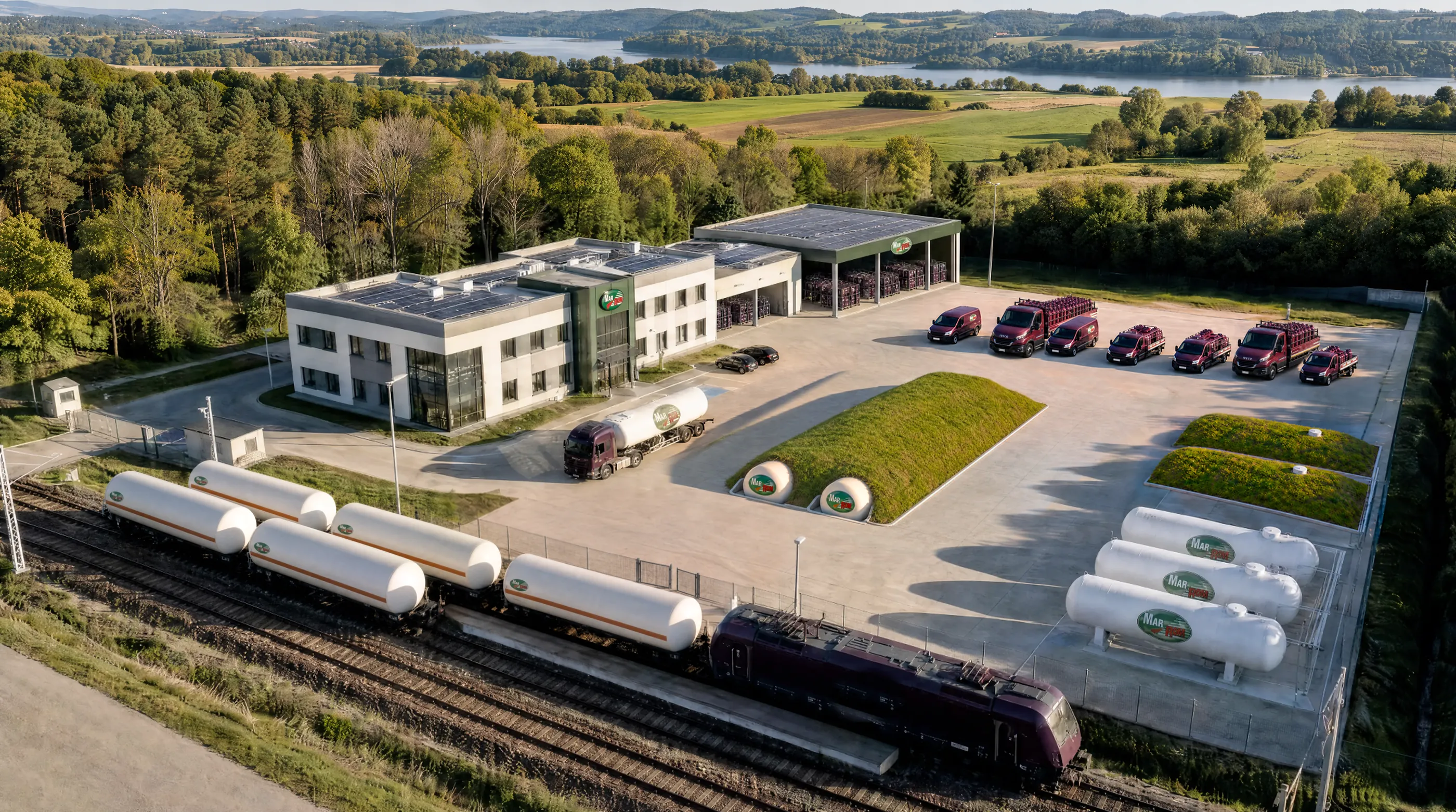 Wizualizacja siedziby Mar-Rom z terminalem LPG, zbiornikami i bocznicą kolejową