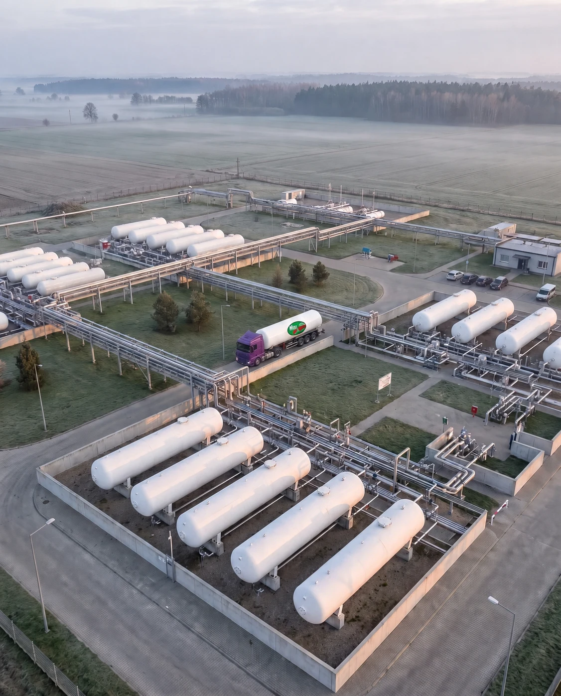 Widok z góry na przemysłowe zaplecze magazynowania LPG z autocysterną Mar-Rom, poziomymi zbiornikami i rurociągami